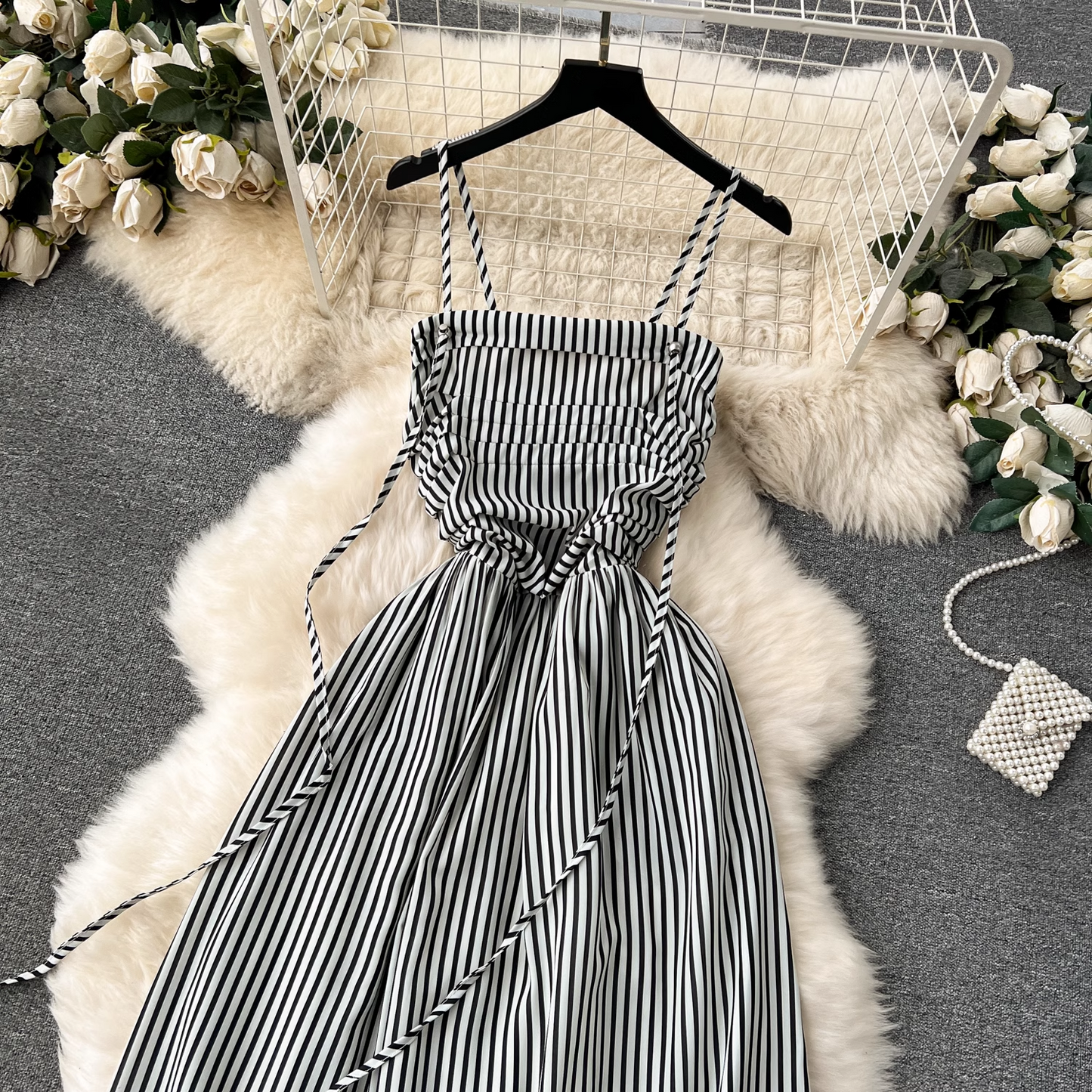 women's long striped suspender dress YM1196