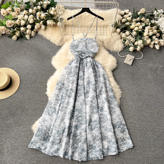 Sexy suspender skirt retro print vacation dress  YM1183