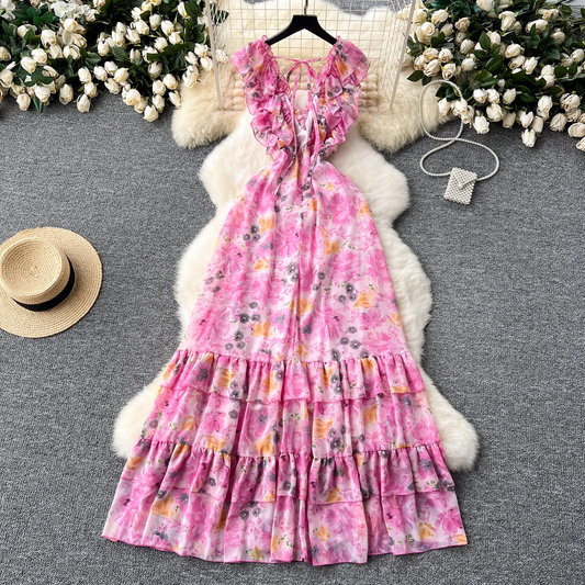 women's v neck printed dress YM1472