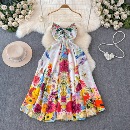 Colorful floral suspender seaside vacation dress  YM1424