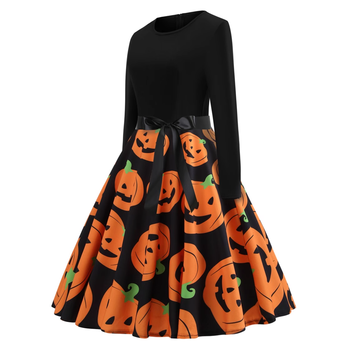 Halloween costume retro women's long-sleeved contrast black and pumpkin print dress YM686