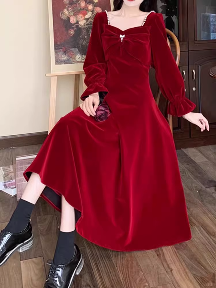 red velvet dress autumn and winter YM712