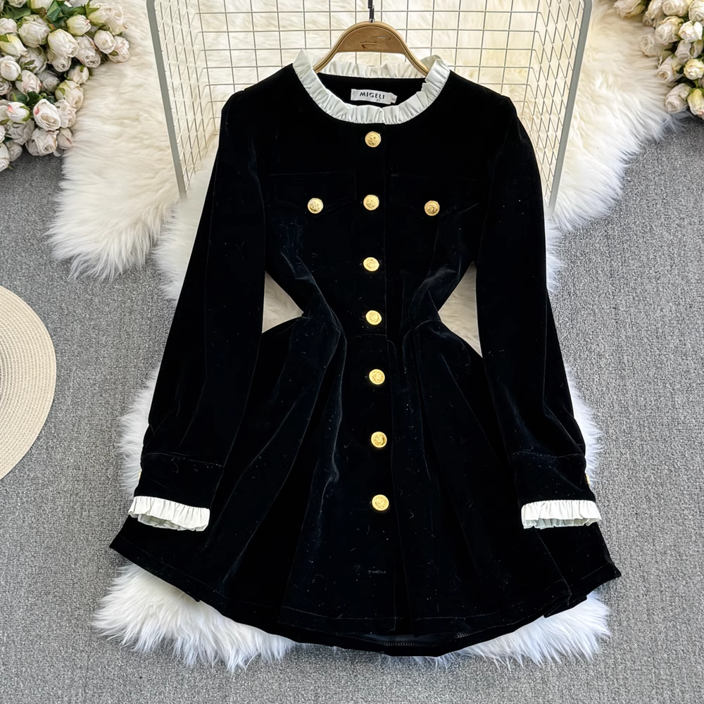 Autumn and winter fashionable long-sleeved stand-collar mid-length a-line velvet dress YM906