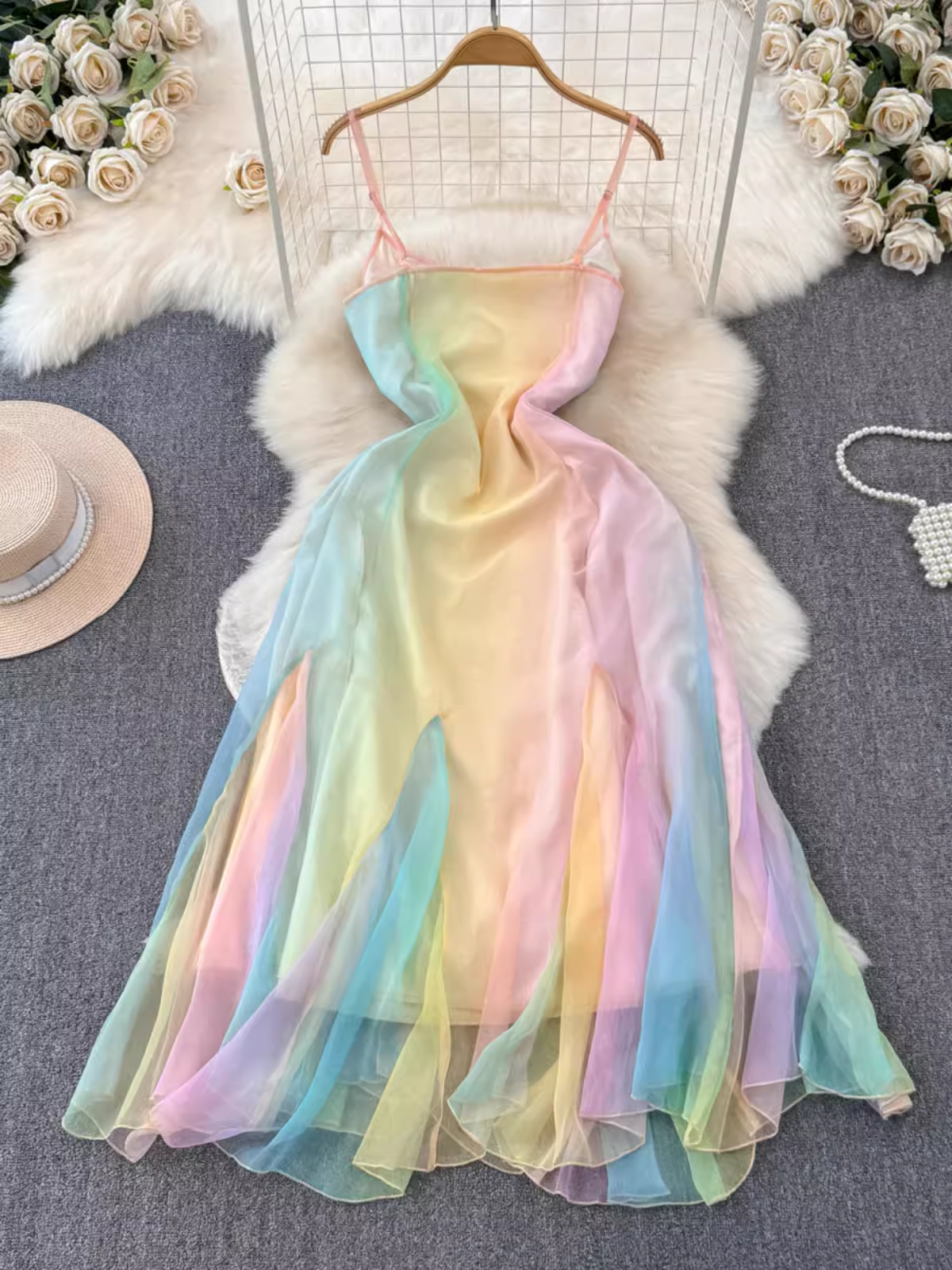 women's summer rainbow gradient suspender dress  YM1423