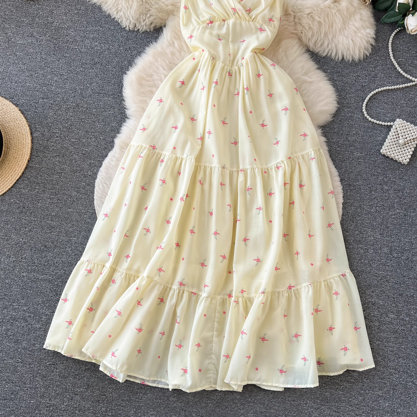 Floral sling dress women's summer strappy backless design super fairy dress YM395