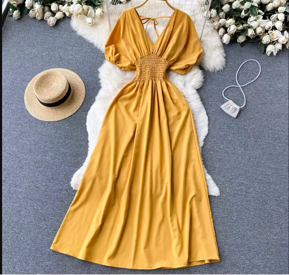 Pure color Puff Sleeves Maxi Dress ,YM62