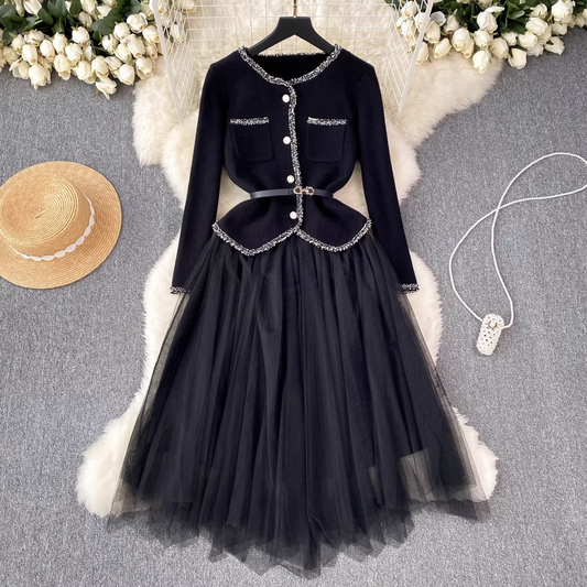 Knitted cardigan versatile suspender dress two-piece suit YM627