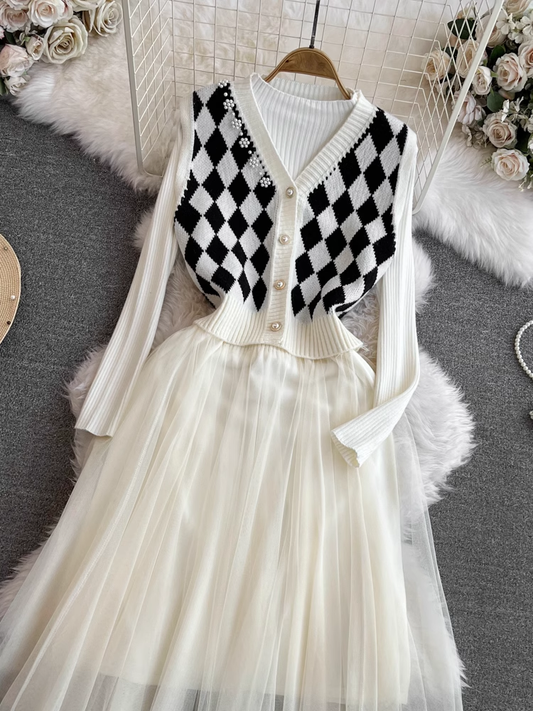 Knitted splicing A-line irregular mesh dress two-piece set V-neck vest jacket YM1018