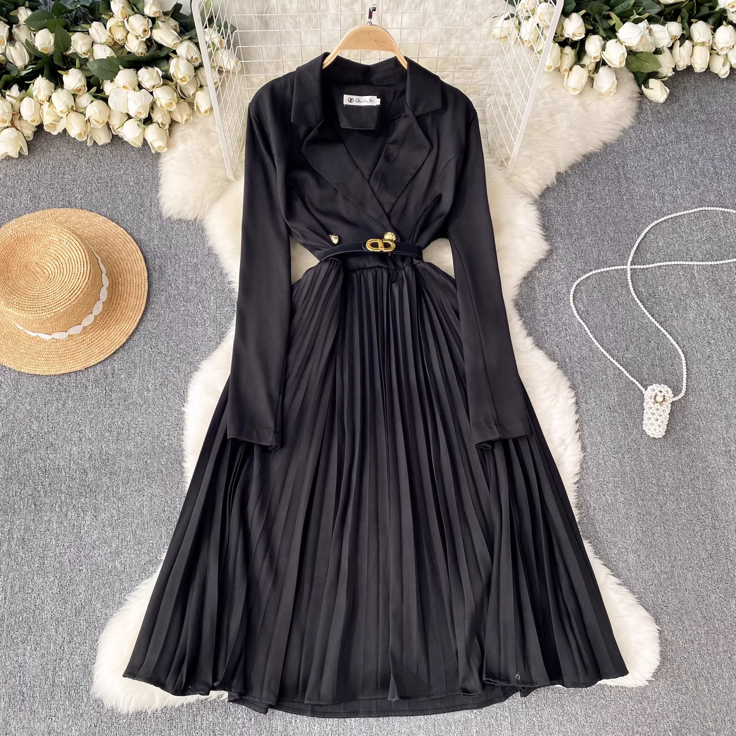 women's suit collar dress high waist pleated dress YM798