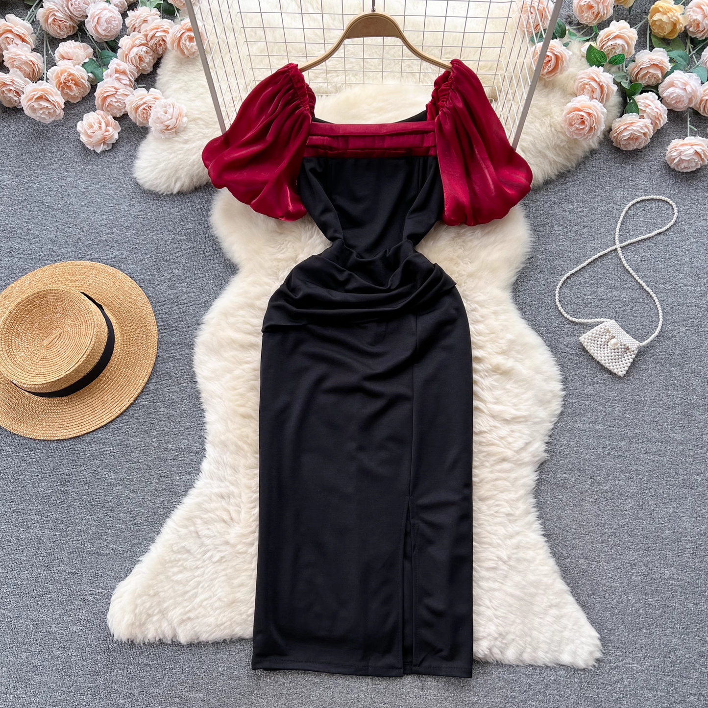 Square Neck Puff Sleeve Midi Dress YM401