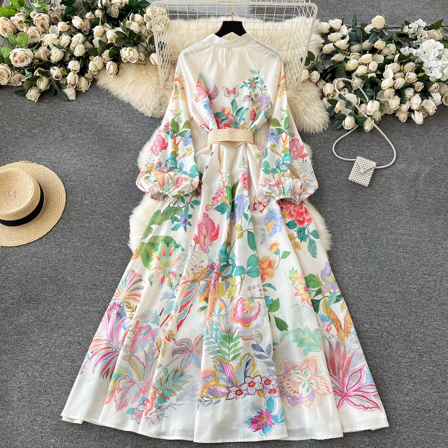 Elegant printed puff sleeve dress YM1174