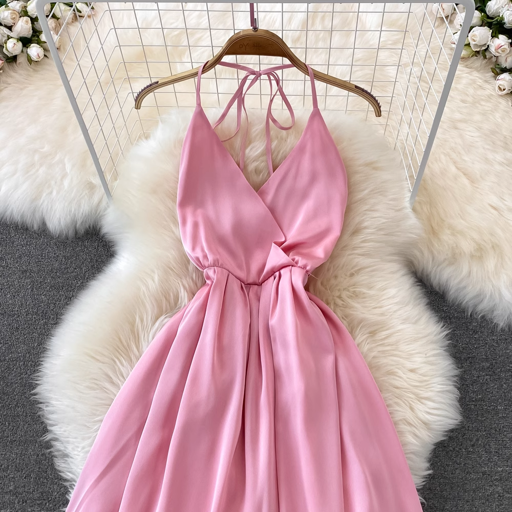 Pink V Neck Backless Summer Dress ,YM216