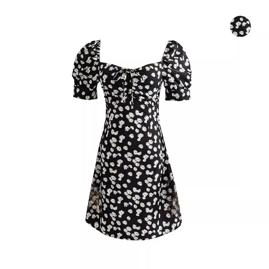 Retro pastoral floral daisy slim square neck dress  YM484