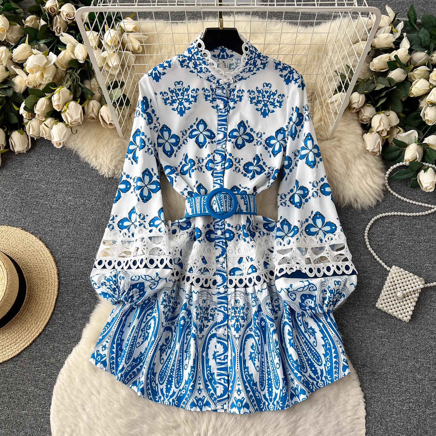 Stand collar printed dress women's retro court style lantern long-sleeved fairy dress YM408