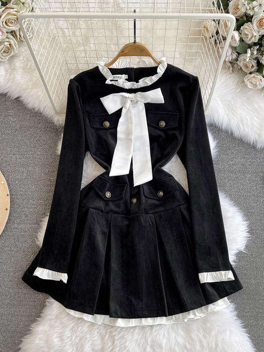 Long-sleeved stand-collar A-line corduroy dress YM911