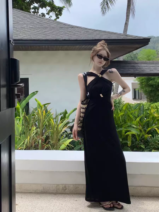 Retro black long dress YM1532