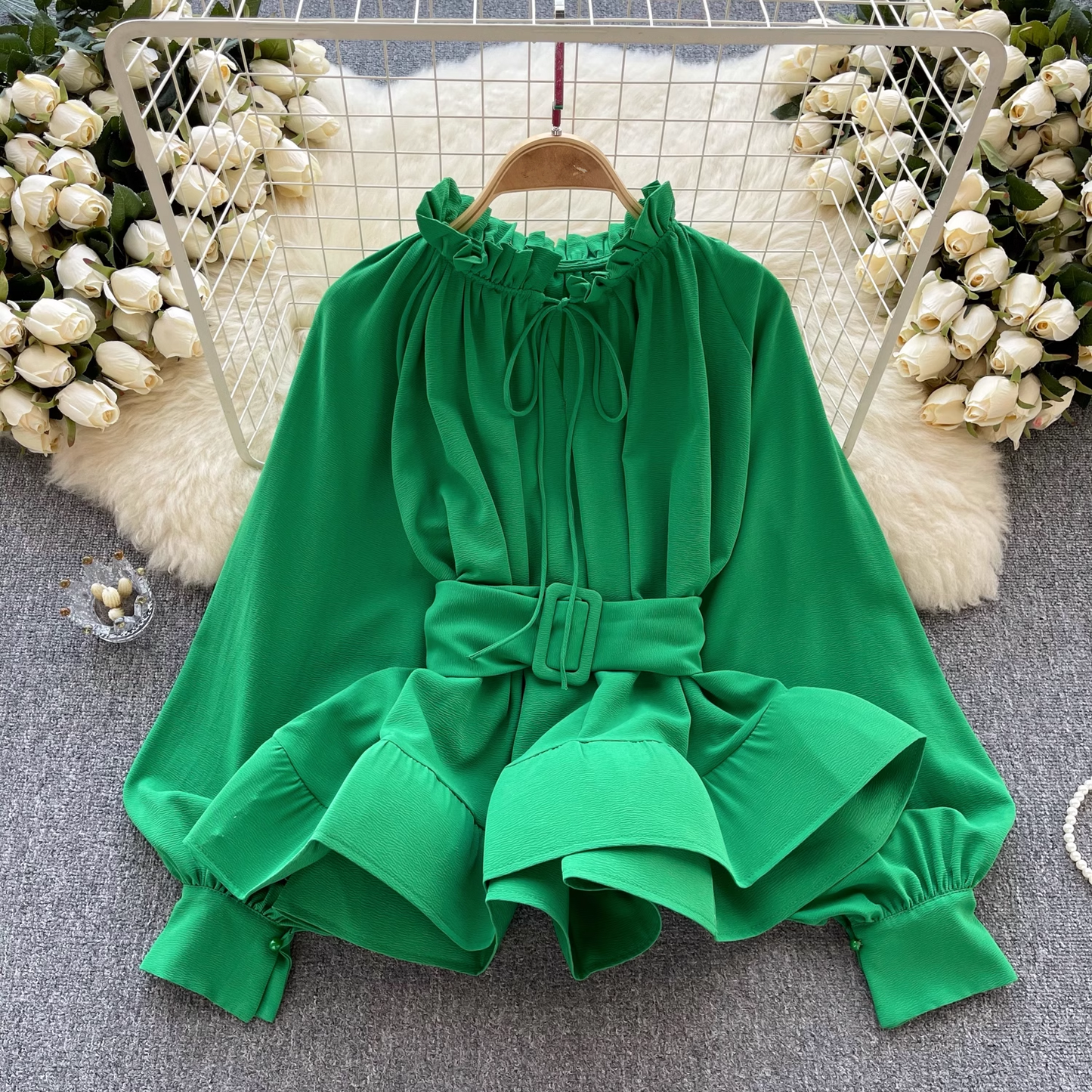 Retro court style waist tie with ruffle leaf edge blouses female niche chic long sleeves YM399