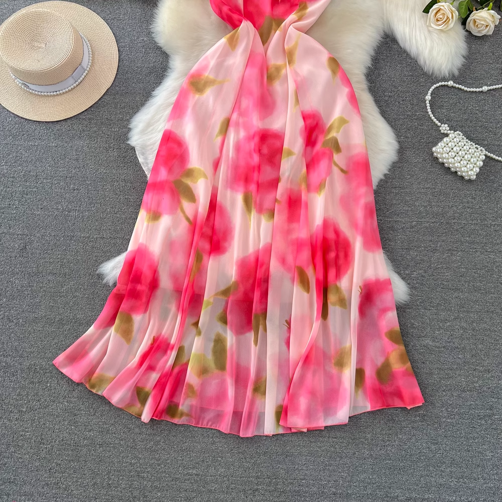 A-line printed chiffon suspender dress seaside vacation long dress YM944