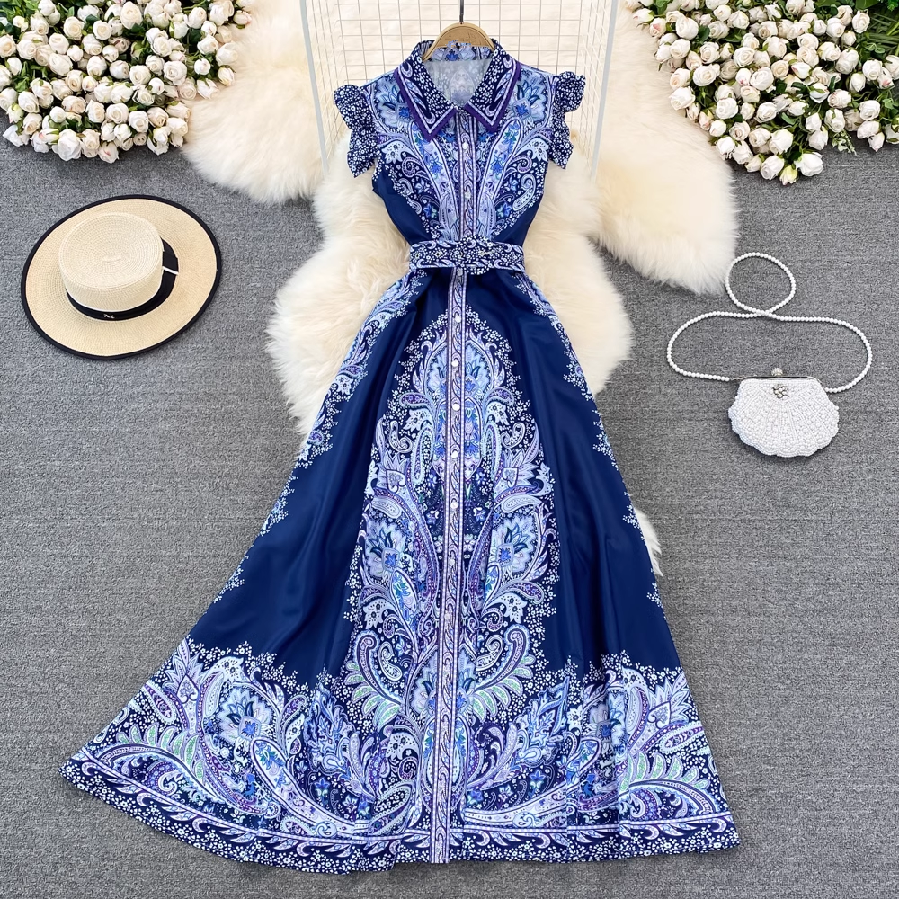 Retro palace style single-breasted lapel printed dress elegant a-line long skirt YM837