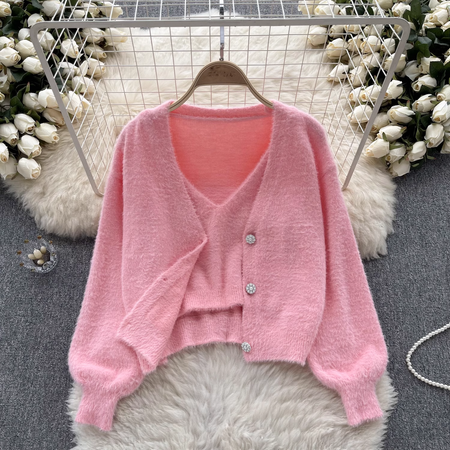 Fashion plush suit autumn and winter short camisole + cardigan jacket sweater suit YM538