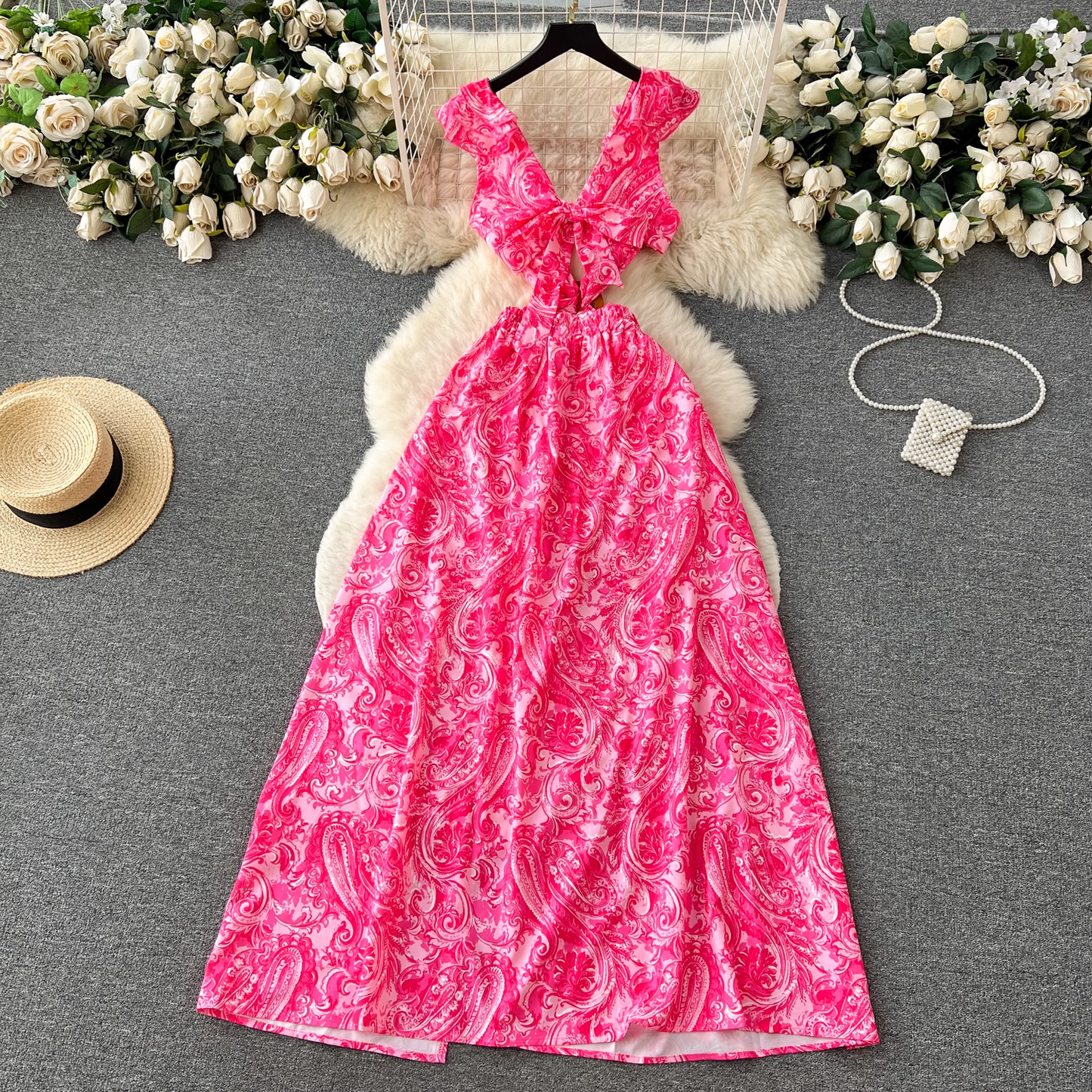 Women's summer floral suspender dress with ruffled slit YM451