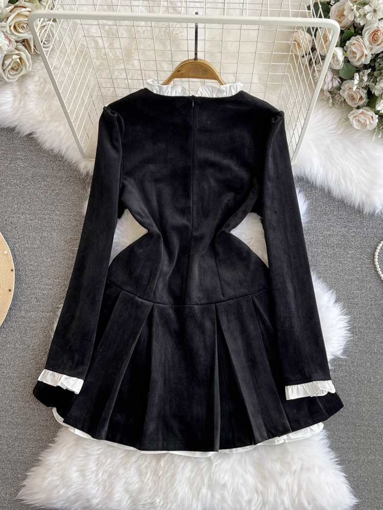 Long-sleeved stand-collar A-line corduroy dress YM911