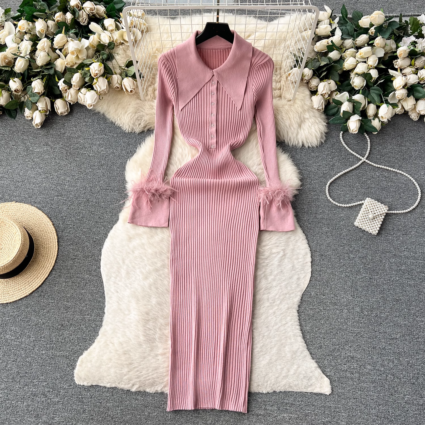 Women's autumn and winter lapel feather tight knitted dress YM499