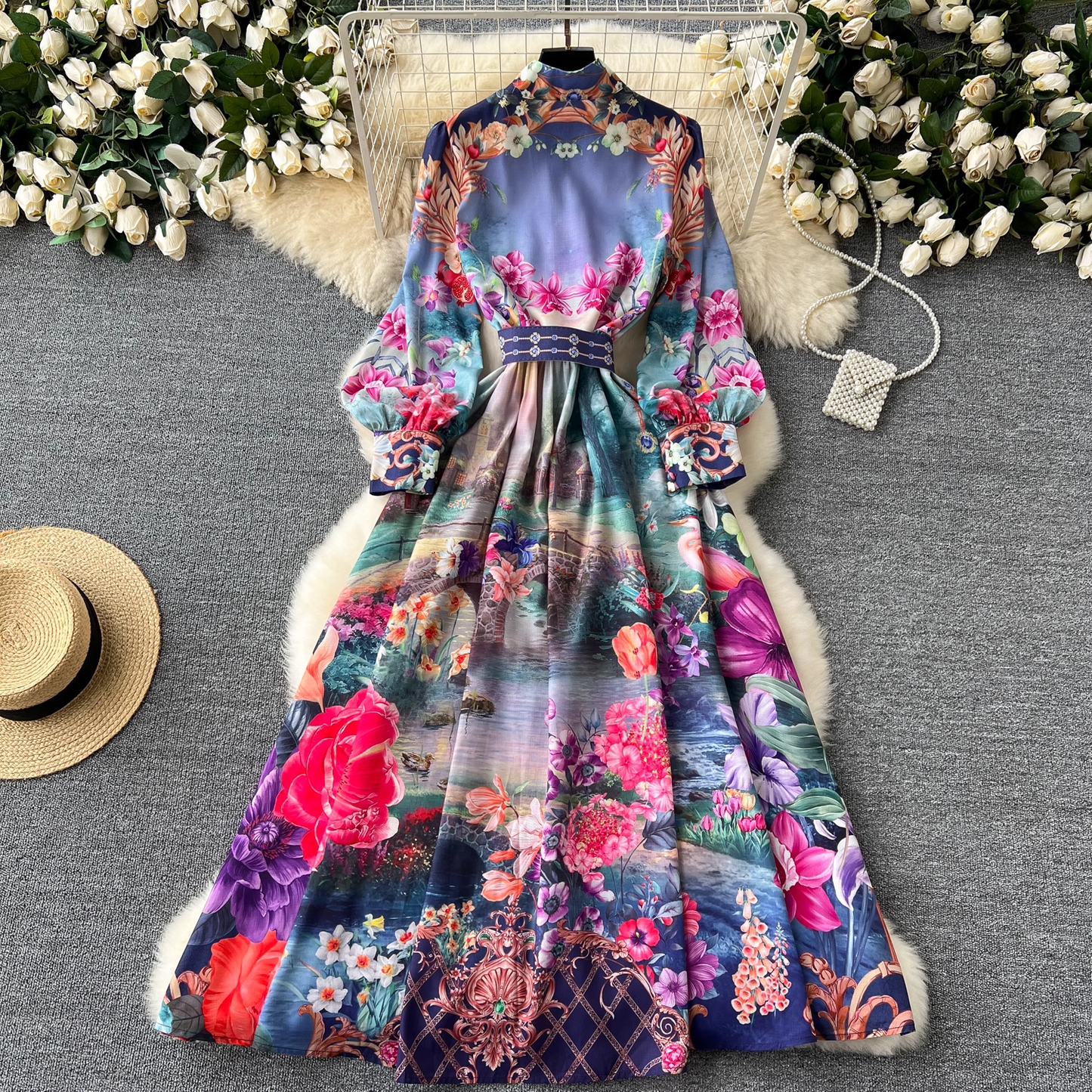 Retro French mid-length lantern long-sleeve printed dress YM1095