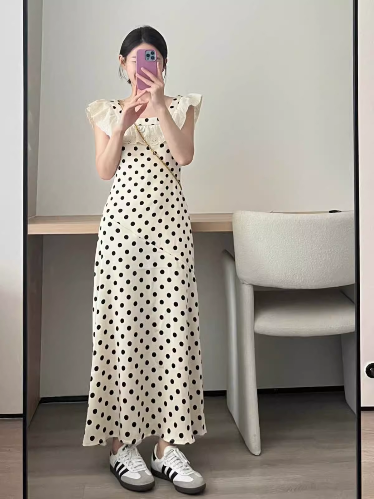 Women's summer square neck polka dot satin dress YM1538