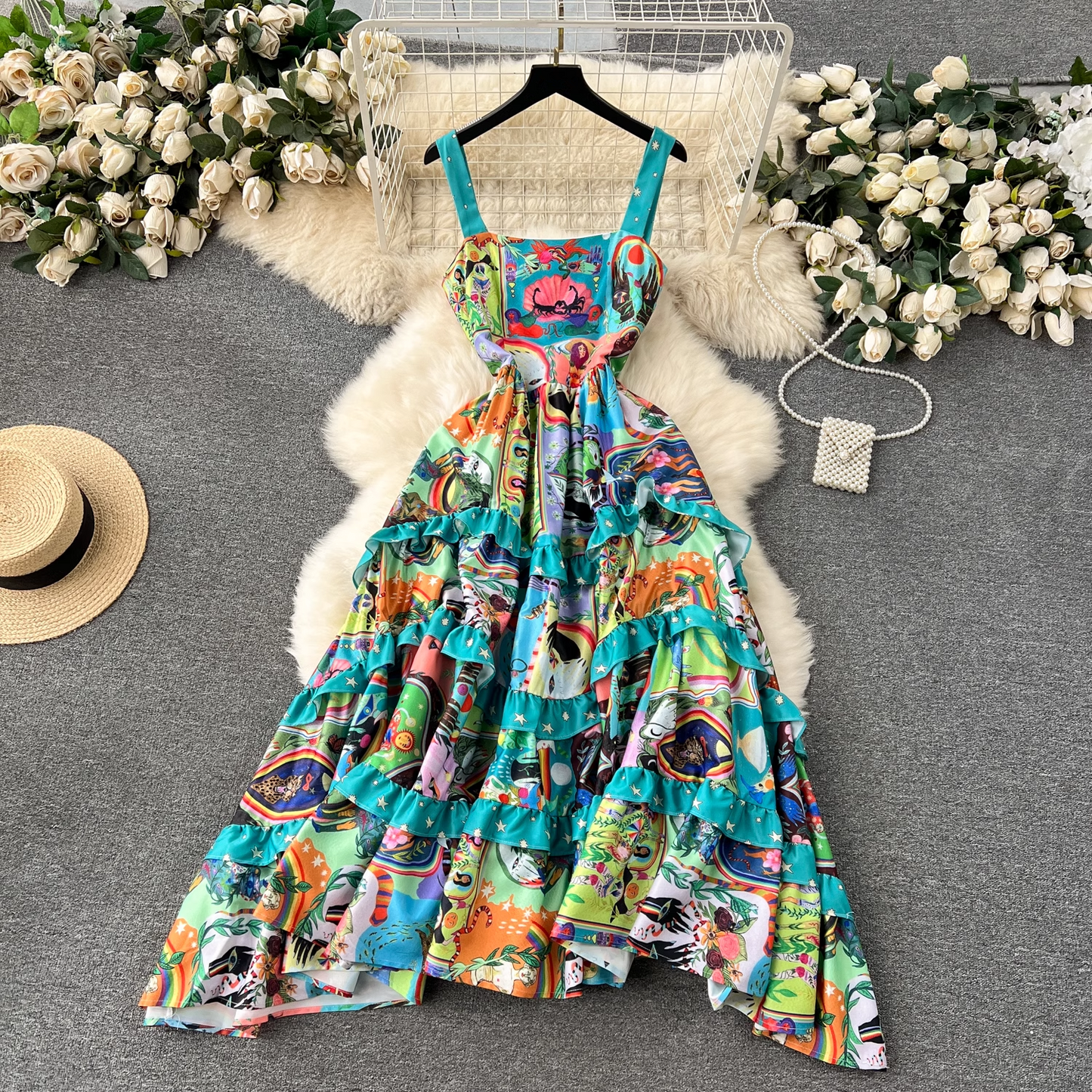 women's printed retro suspender dress YM1148