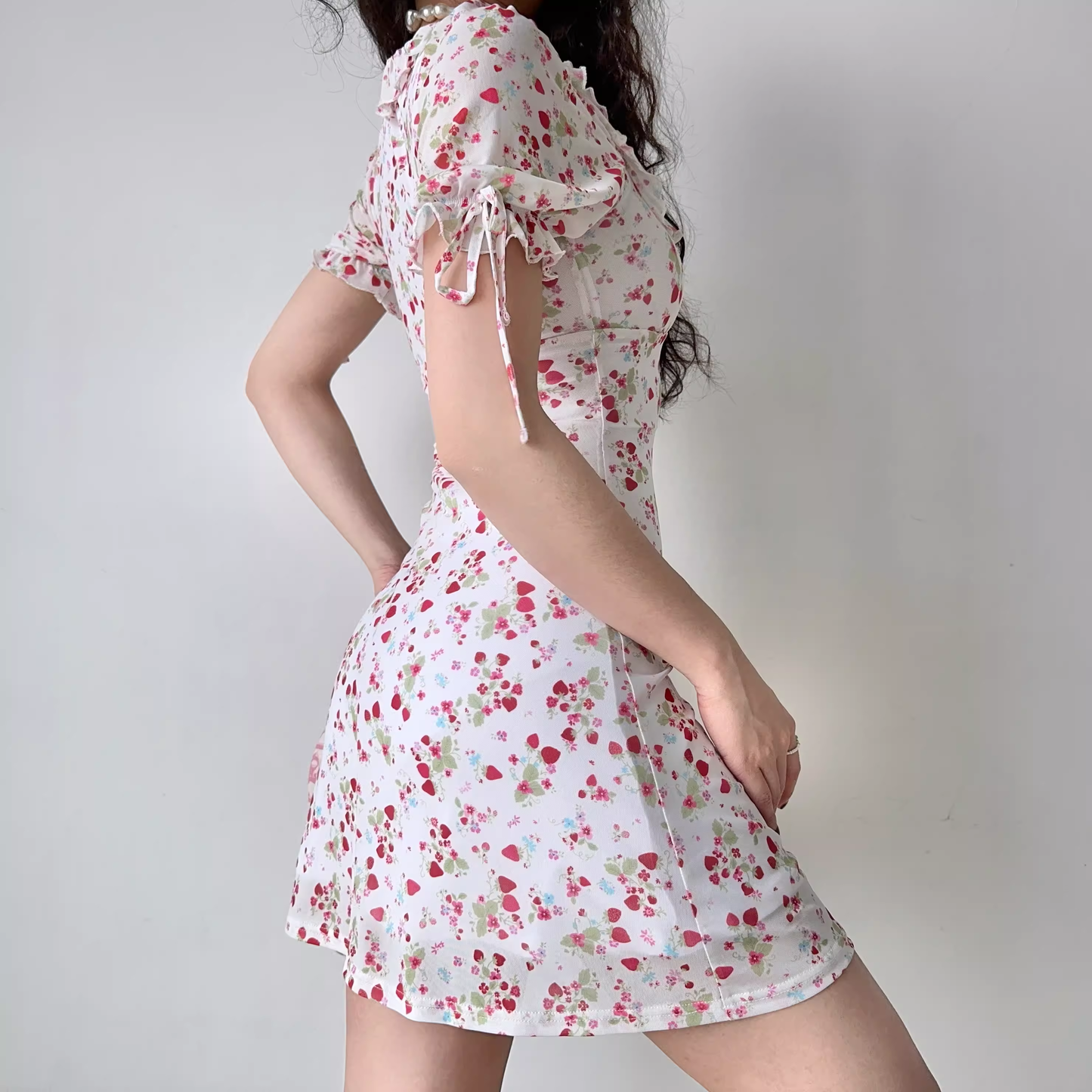 Retro Strawberry Floral Square Neck Short Sleeve Dress YM1307