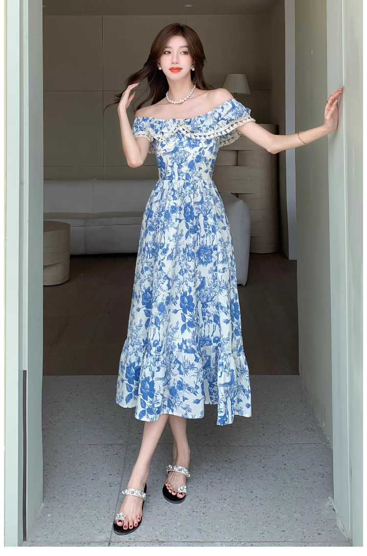 Women's summer blue oil painting floral dress YM1159