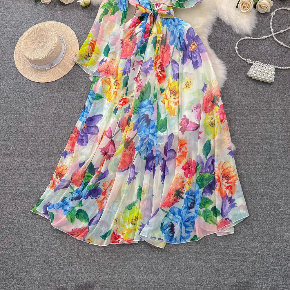 Women's mid-length a-line printed chiffon dress YM977