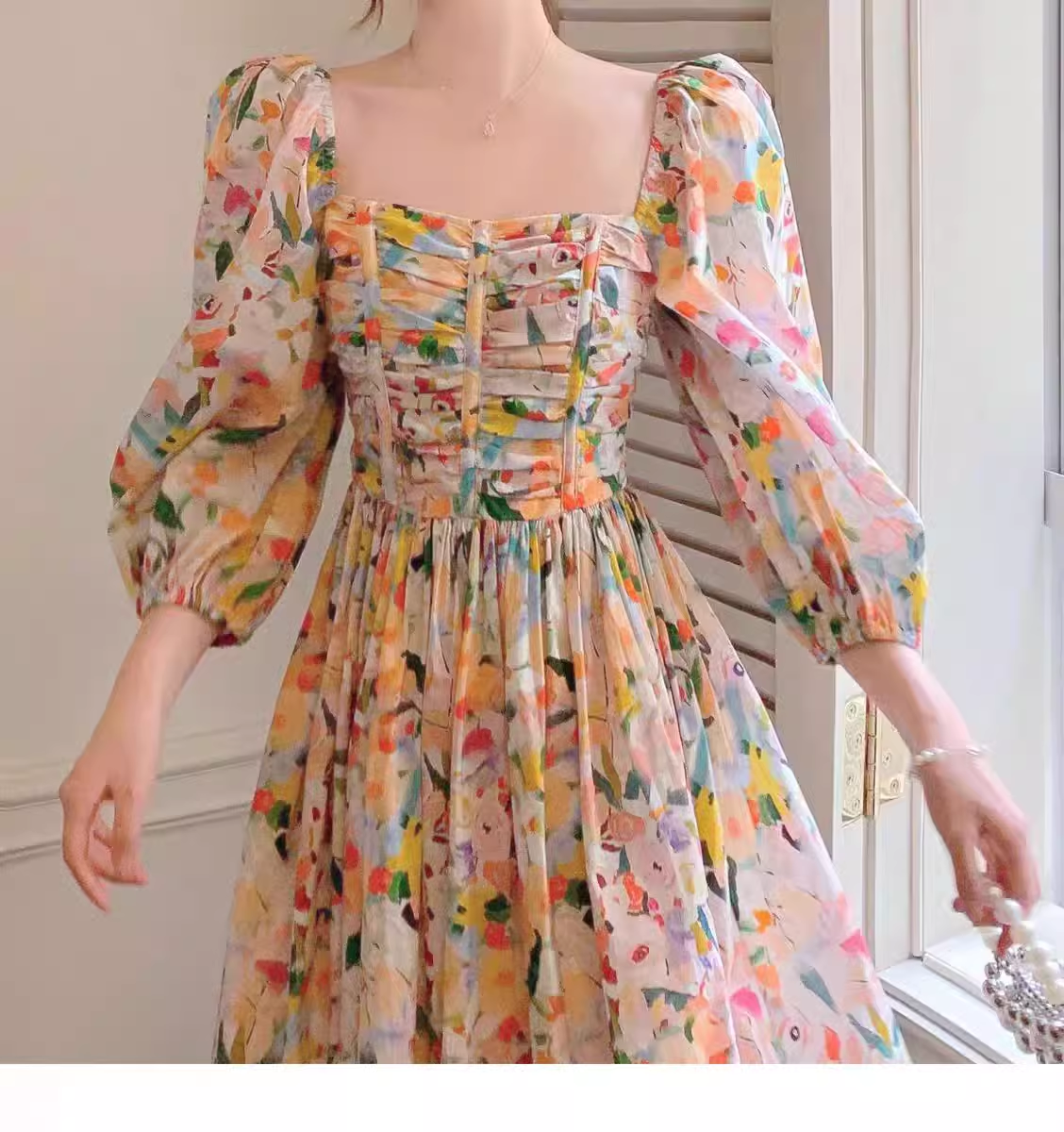 Retro Chic Floral Puff Sleeve Dress for Women Summer  YM1133