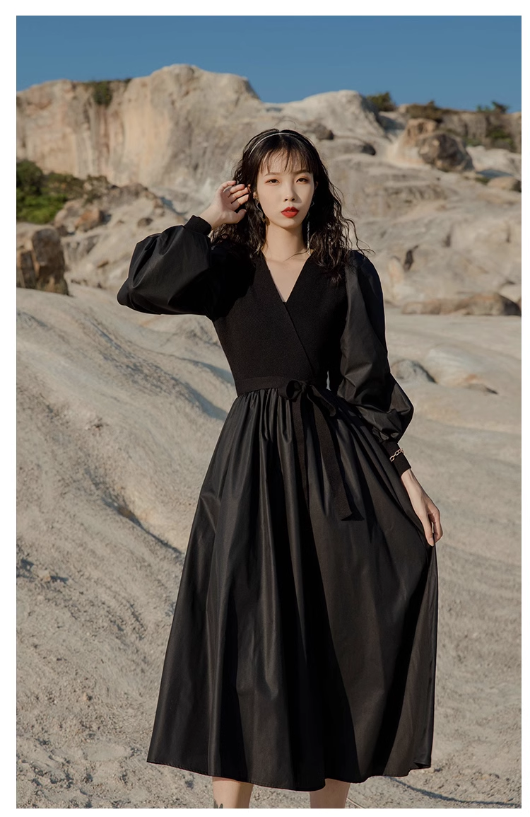 Knitted patchwork black v-neck long-sleeved dress  YM1137