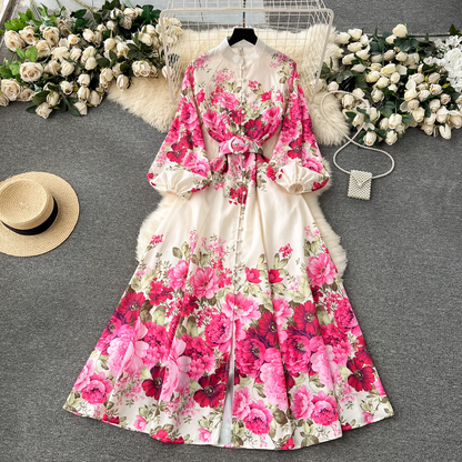 Printed long French puff sleeve elegant dress YM1142