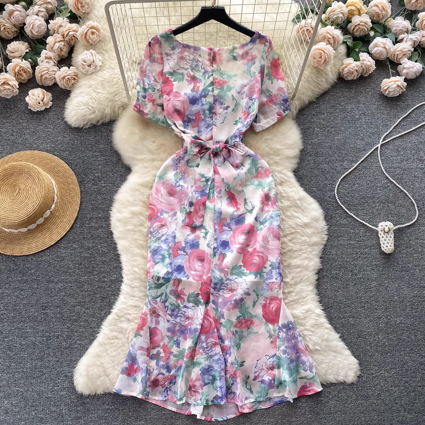 Women's Square Neck Puff Sleeve Floral Chiffon Mermaid Dress YM346