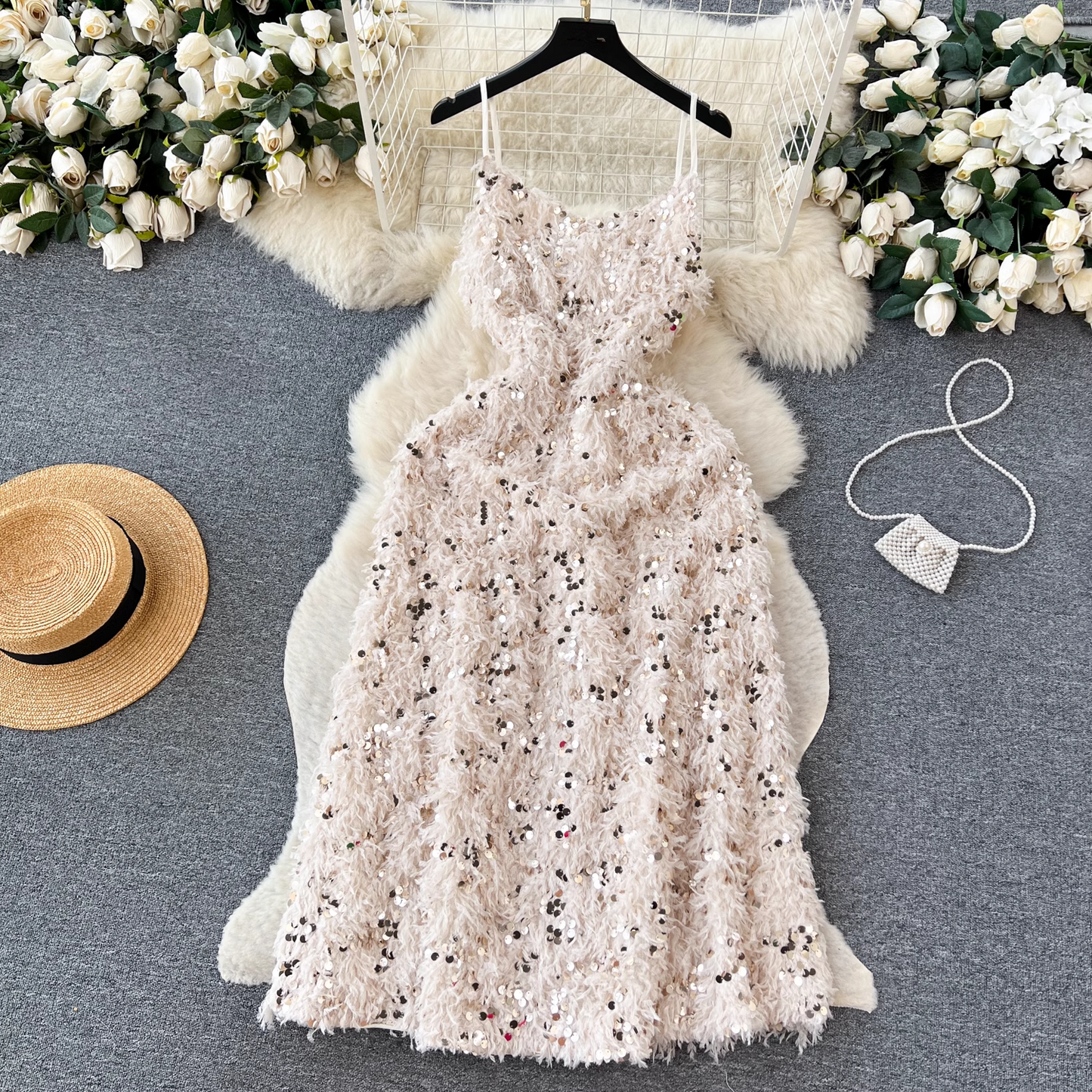 Furry fringed sequin dress  YM786