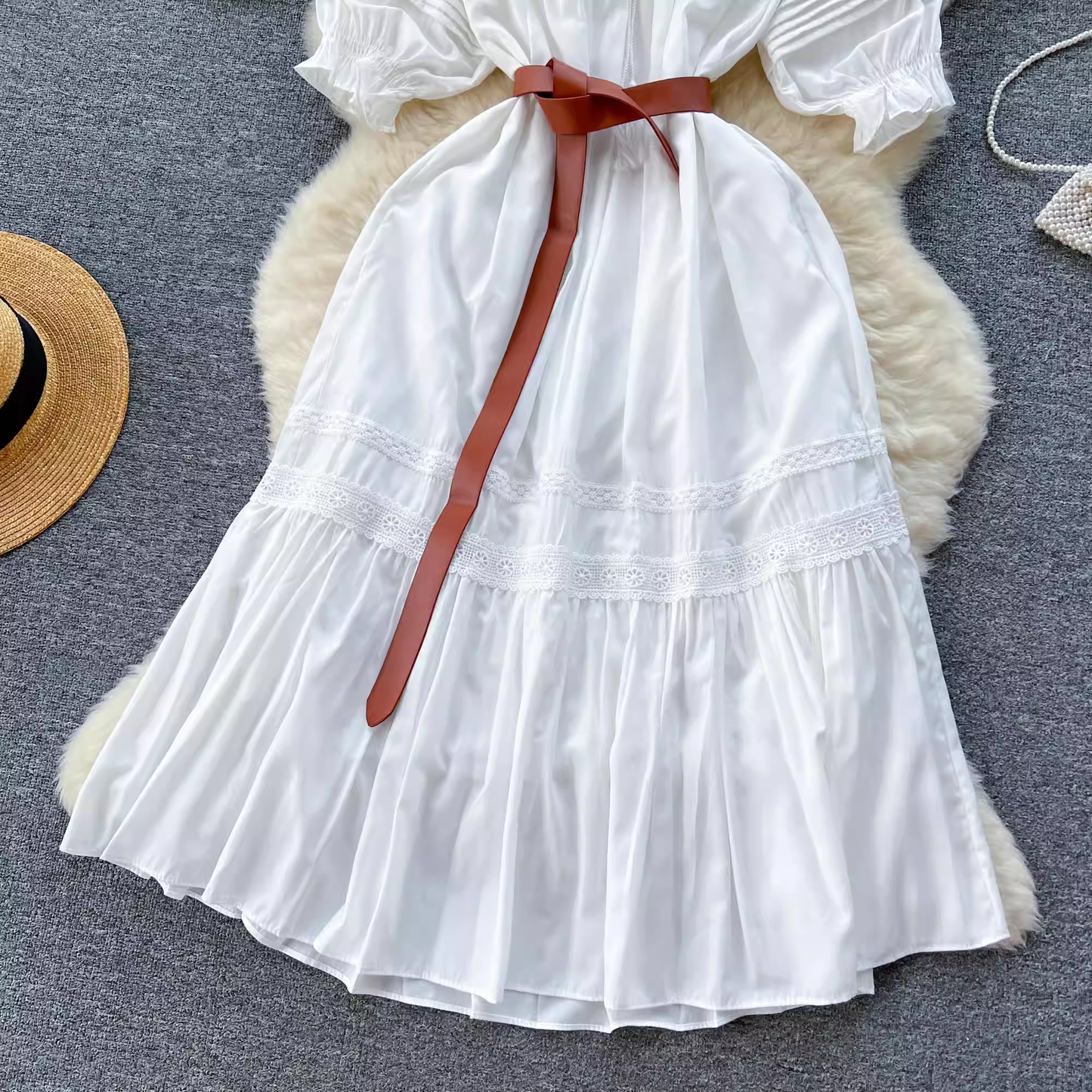 Puff sleeve hollow embroidery sweet summer dress for women,YM122