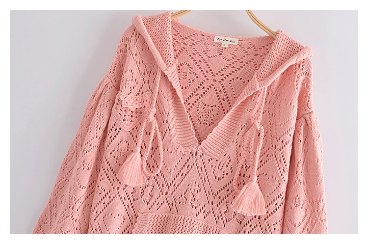 Hollow out design short Pink Knitted Hooded Sweater, YM257