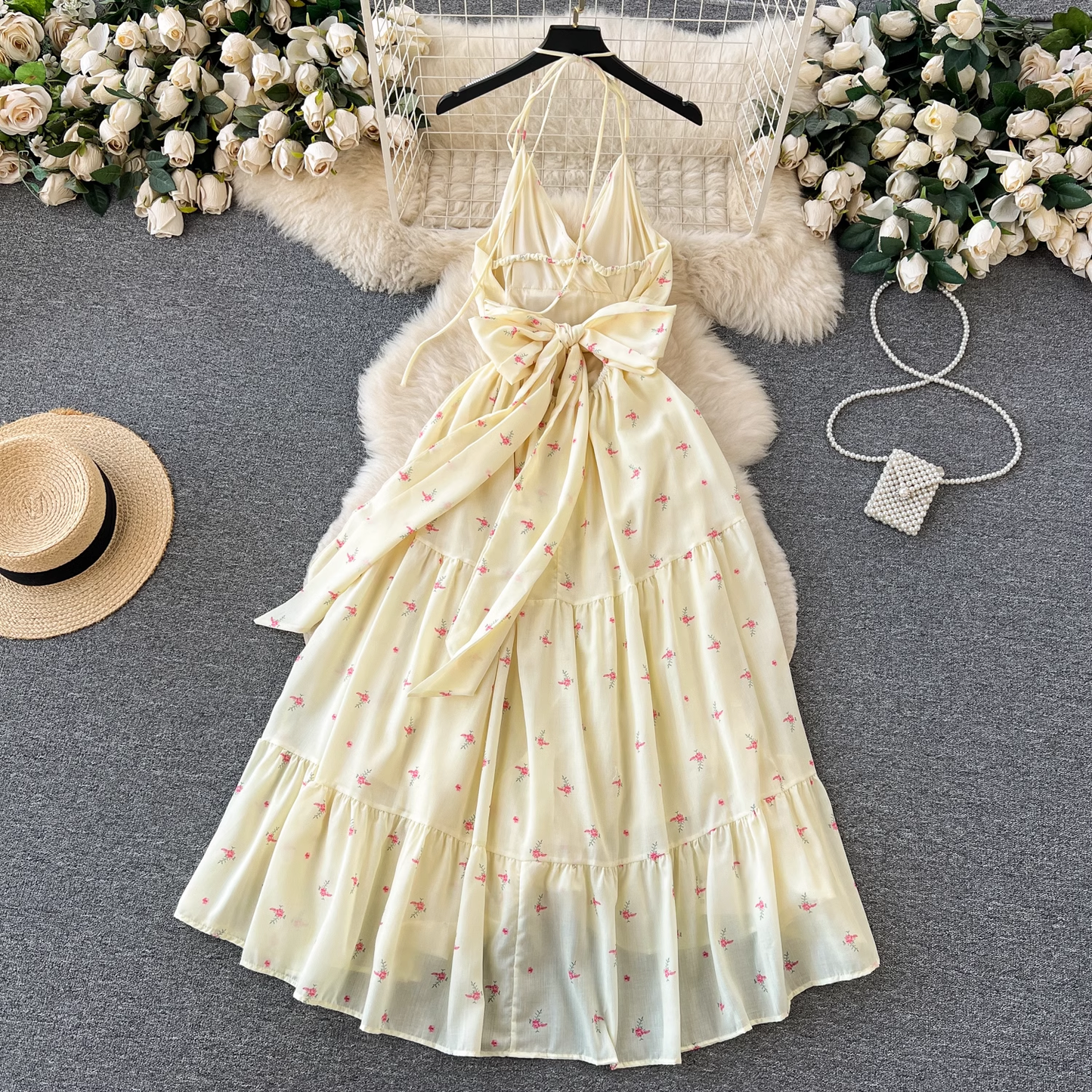 Floral sling dress women's summer strappy backless design super fairy dress YM395