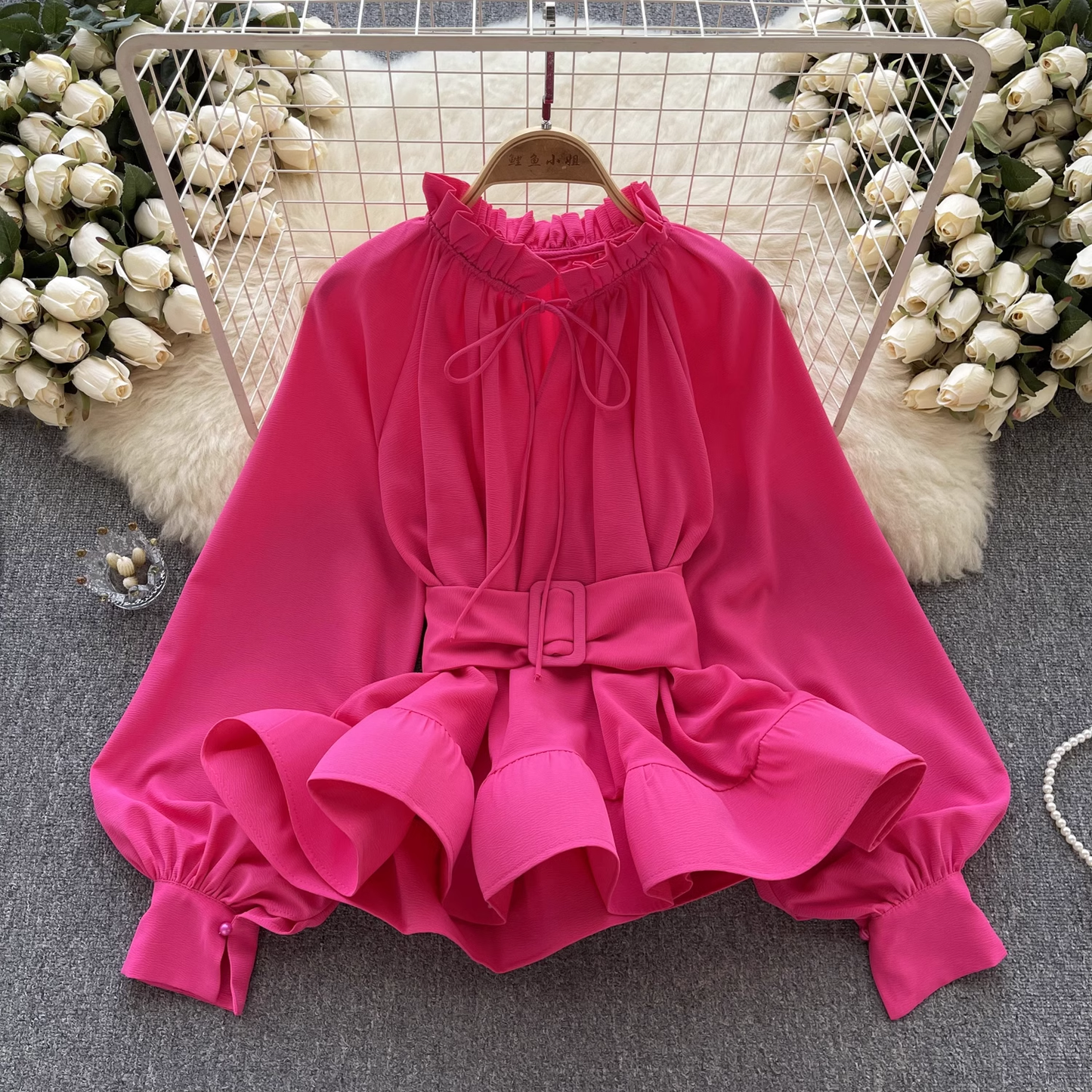 Women's Retro Court Style Waist Belt Ruffle Hem Blouses  YM317