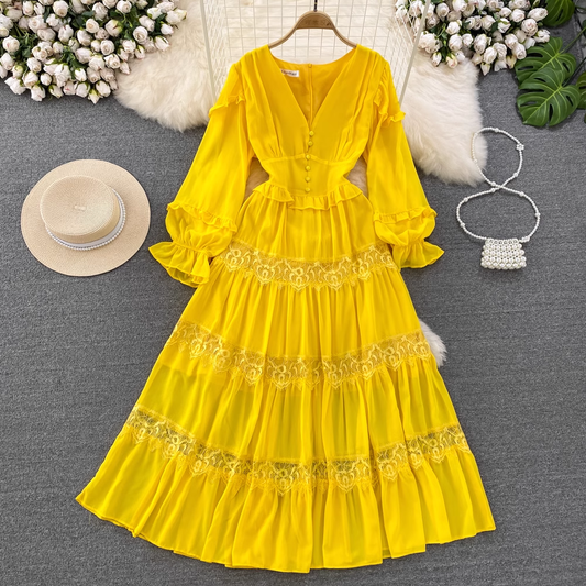 Lantern long-sleeved V-neck lace stitching chiffon dress seaside holiday dress, YM269