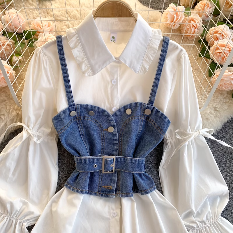 Retro Blouses Women's puff sleeve loose all-match denim camisole stacked two-piece suit,YM133