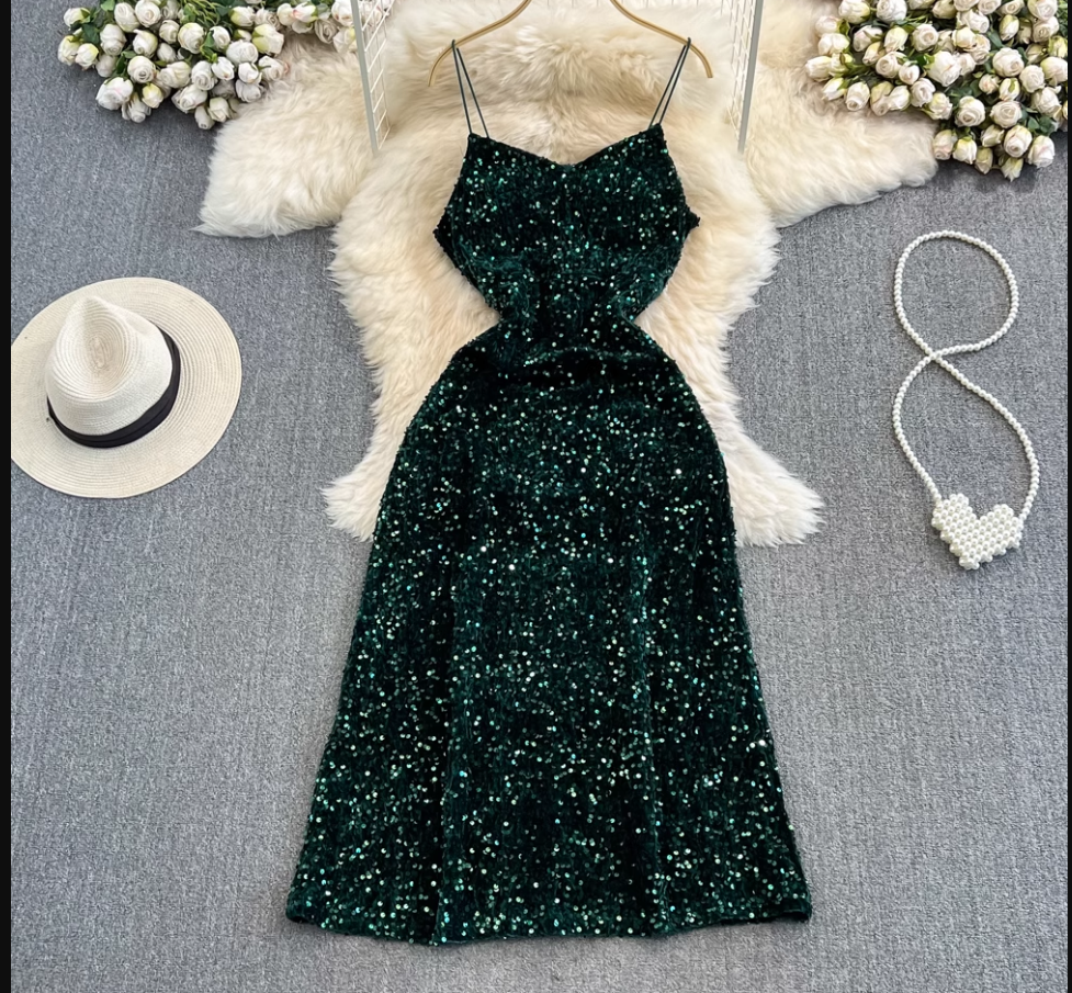 Sleeveless mid-length a-line sparkling sequin suspender dress YM840