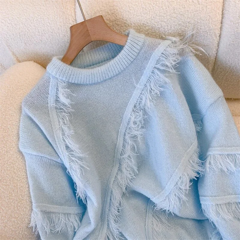 Tassel O-neck Blue Sweater New Women's Fashion Pure Color Pullover Sweater YM1935