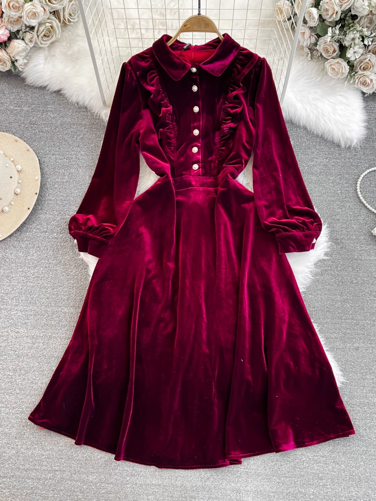 Long sleeve lapel a-line velvet dress YM990