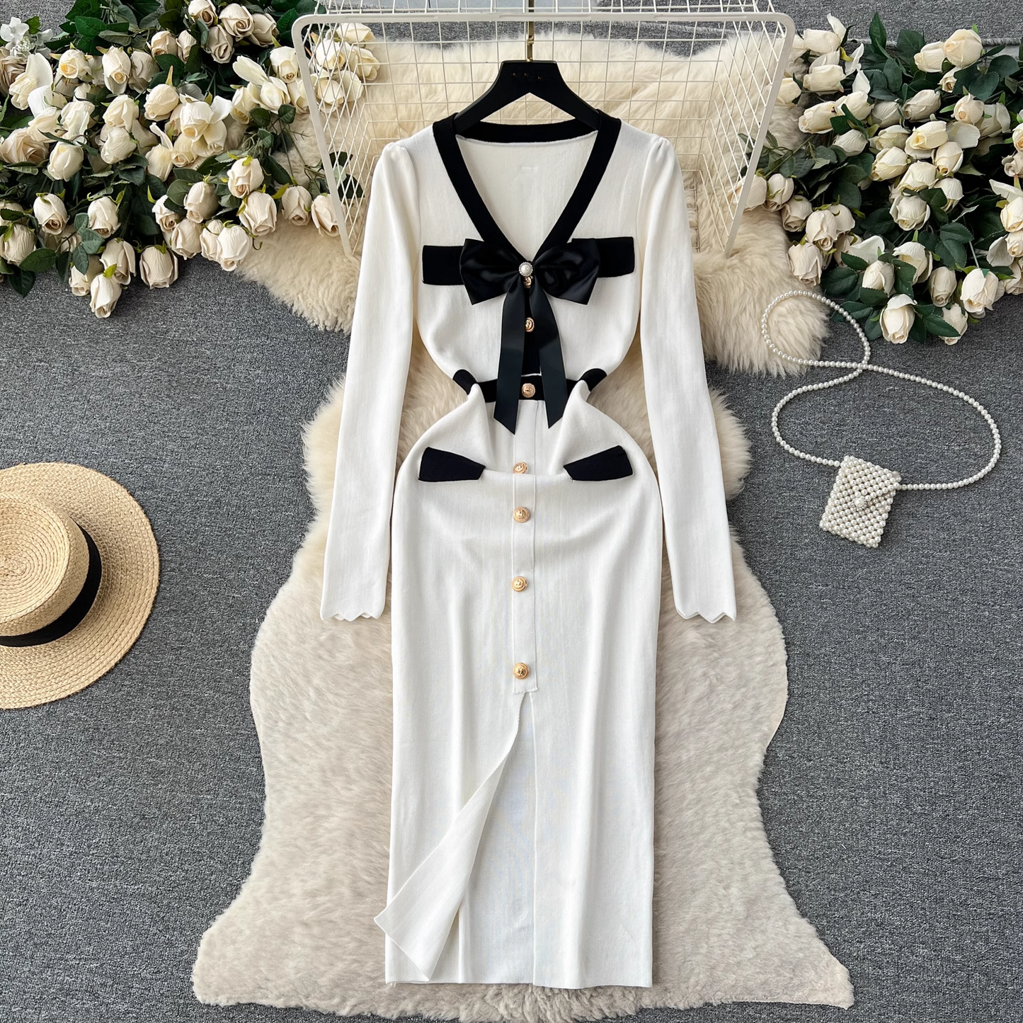 Knitted dress women's autumn and winter bow single-breasted design maxi dress  YM508