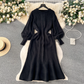 Sweater lazy style mid-length age-reducing puff sleeve knitted dress YM1574