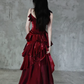 Irregular Ruffled Suspender Prom Dress Burgundy Long Birthday Dress YM1630